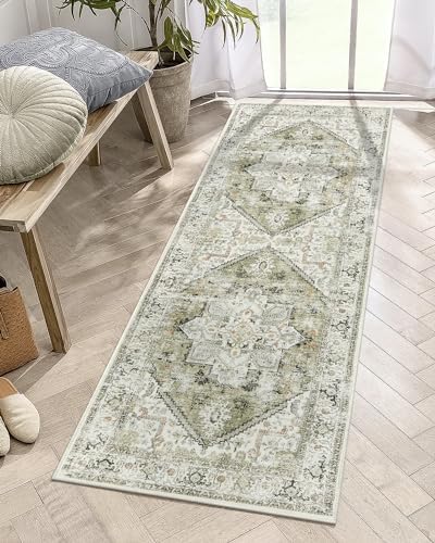 LIVEBOX Washable Runner Rug 2x6 - Vintage Tribal Kitchen Rug Runner Long Entryway Rug, Low-Pile Vintage Rug for Bedroom, Non-Skid Soft Carpet Throw Rug for Bathroom Laundry Room Hallway Sage