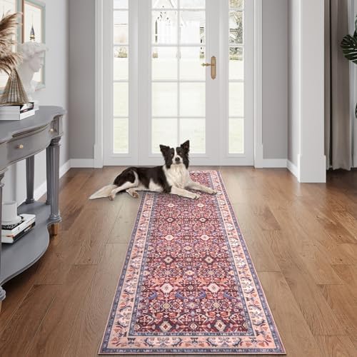 LNYANER Washable Hallway Runner Rug 2x7 - Non-Slip Runners for Hallways Kitchen Laundry Room Entryway,Boho Area Rugs Floor Carpet Runner Bathroom Farmhouse Bedroom Throw Rug,Red