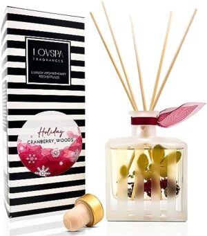 LOVSPA Holiday Cranberry Woods Reed Diffuser Set - Scented Stick Room Freshener - Red Currants, Frosted Cranberries, Cedarwood and Juniper - Modern Striped Glass Bottle - Made in The USA