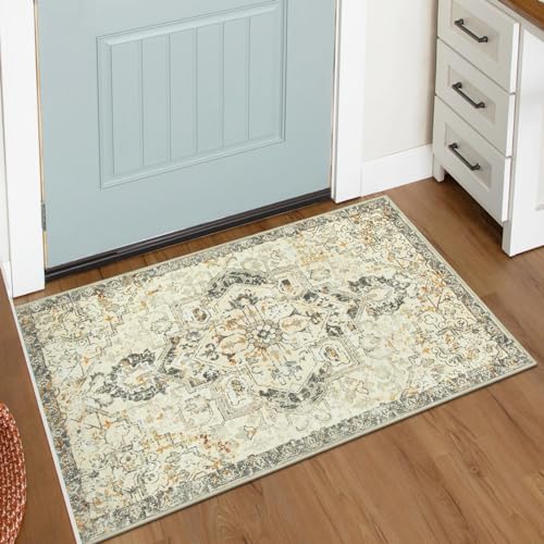 Lahome Area Rugs 2x3 Grey Kitchen Rugs Non-Slip Washable Small Bath Rug, Bohemian Neutral Rubber Backing Throw Printed Indoor Door Mat Floor Carpet for Entryway Bathroom Bedside, Grey/Yellow