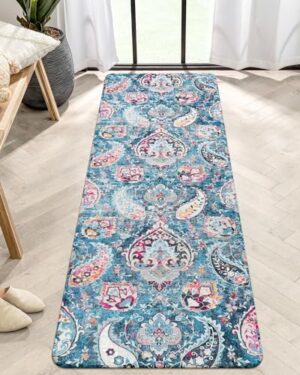 Lahome Boho Hallway Runner Rug - 2x6 Washable Non-Slip Runner Rugs with Rubber Backing Soft Throw Low Pile Floor Runner, Damask Blue Paisley Print Indoor Floor Carpet for Kitchen Entryway Bedroom