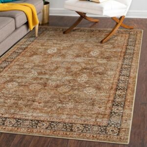 Lahome Boho Washable Living Room Area Rug 5x7, Bedroom Vintage Non-Slip Low Pile Carpet with Rubber Backing, Brown Ultra Thin Dining Room Mats for Home Office Indoor Decor