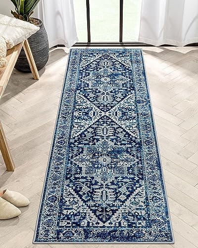 Lahome Boho Washble Hallway Runner Rug - 2x6 Runner Rug Non-Slip Carpet Runner Throw Stain Resistant Non Skid Kitchen Rug Runner Laundry Room Rug, Blue Oriental Print Thin Runner for Bedroom Entryway