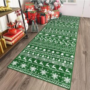 Lahome Christmas Runner Rug 2x6 Green Snowflake Tree Door Mat Washable Hallway Runner Rugs, Holiday Decorative Soft Non-Slip Rubber Backing Low Pile Floor Carpet Runner for Kitchen Bathroom Entryway