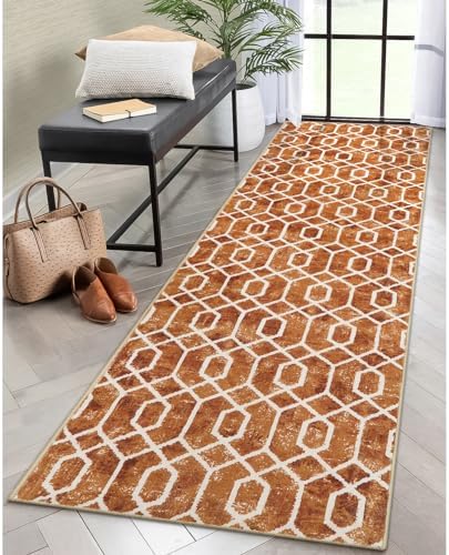 Lahome Fall Moroccan Washable Hallway Runner, Orange Entry Kitchen Runner Rugs with Rubber Backing, Non Slip Carpet Runner Non-Shedding Geometric Indoor Rug for Entryway Bedroom