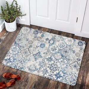 Lahome Floral Washable Area Rugs - 2x3 Small Indoor Rugs for Entryway Non-Skid Throw Lightweight Kitchen Rugs Non Slip Soft Blue Print Bathroom Mats DoorMat Carpet for Bedroom Laundry Living Room Sink