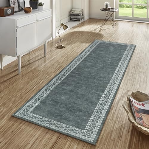 Lahome Modern Bordered Hallway Runner Rug - 2x8 Rug Runner Non-Slip Kitchen Runner Rugs Non Skid Washable, Ultra-Thin Rubberback Soft Carpet Runner for Bedroom Bathroom Laundry,(2x8ft,Gray)