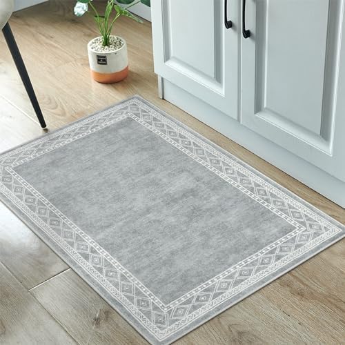 Lahome Modern Bordered Small Area Rug- 2x3 Entryway Rug Ultra-Thin Soft Kitchen Rugs Non Slip Indoor Door Mat, Rubber Backing Throw Carpet Washable Rugs for Entryway Bathroom Bedroom(2x3ft,Grey)