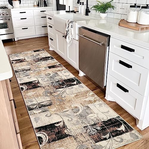 Lahome Modern Geometric Runner Rug, Washable 2x8 ft Non Slip Entryway Rug Runner, Soft Faux Wool Hallway Runner for Bedroom Stain Resistant Floor Carpet for Living Room, Beige