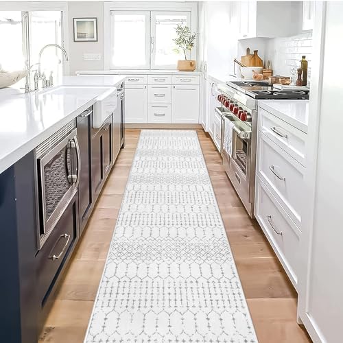 Lahome Moroccan Kitchen Runner Rugs Non Skid Washable - 2x10 Runner Rug Non-Slip Extra Long Runner Rugs for Hallways, Modern Geometric Print White Soft Floor Carpet Runner for Bathroom Entryway Foyer