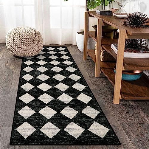 Lahome Moroccan Trellis Runner Rug - 2x6 Washable Black Bathroom Runner Rug Laundry Room Carpet Runner, Modern Soft Non Slip Indoor Floor Accent Mat for Bedside Kitchen Hall Bar Entryway RV