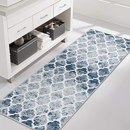 Lahome Moroccan Washable Runners - 2x6 Rug Runners for Hallways 6 Feet Non Slip Geometric Trellis Kitchen Runner Rug Ultra-Thin Carpet Runner for Entryway Bathroom Laundry Bedroom (2x6ft,Blue)