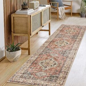 Lahome Oriental Washable Runner Rug - 2x8 Kitchen Runner Rugs Non Skid Washable, Runners for Hallways with Rubber Backing, Vintage Soft Carpet Runner for Bathroom Laundry Bedroom,Peach/Orange