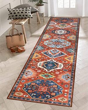 Lahome Oriental Washable Runners Rug for Hallways 2x8,Red Bohemian Hall Rug Runner for Kitchen Bathroom Non Skid Stain Resistant Ultra-Thin,Tribal Carpet Low-Pile with Rubber Backing