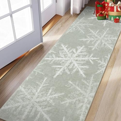 Lahome Snowflake Christmas Runner Rug, 2x6 Christmas Kitchen Runner Soft Non Slip Washable Rug Runner Holiday Decor Ultra-Thin Carpet Runners for Bedroom Laundry Entryway(2x6ft,Grey)