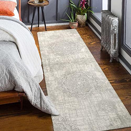 Lahome Vintage Medallion Runner Rug, 2'6''x8' Non Slip Grey Hallway Runner Rug, Laundry Throw Rugs and Mats for Laundry Room, Washable Runner Rugs for Kitchen Laundry Room Hallway Entryway Area Rugs