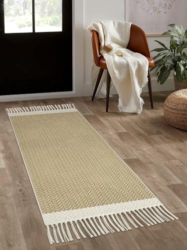 Lanffia Bathroom Runner Rug 2' x 4.3', Washable Boho Kitchen Rug Runner with Tassel, Aesthetic Khaki Rug Runner Small Woven Cotton Lightweight Throw Rug for Boho Bath Decor Laundry Room Hallway