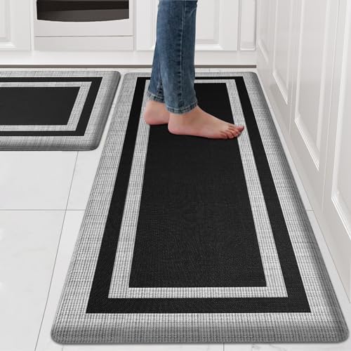 Latida Kitchen Mats 2 PCS, Cushioned Anti Fatigue Kitchen Mat for Floor, Non Slip Waterproof Kitchen Rug Set, 1/2 Inch Thick Comfort Anti Fatigue Mat for Kitchen Sink Office Laundry, Black