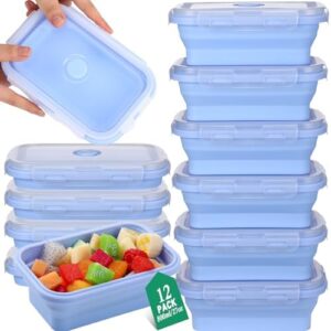 Layhit 12 Pcs Silicone Collapsible Food Storage Containers with Lid Vent Flat Stackable Travel Food Containers Collapsible Lunch Box Camping Food Bowl Microwave Freezer Dishwasher Safe (27 Oz)