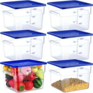 Layhit 6 Pack Food Storage Container with Blue Lid Plastic Clear Commercial Container with Scales Stackable Large Brining Box Square Storage Bins for Home Cabinet Kitchen Freezer Pantry Food (12 Qt)