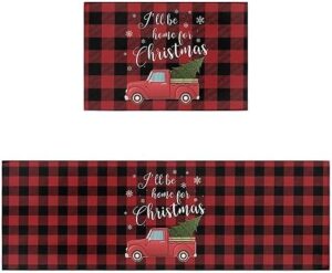 LooPoP Kitchen Rugs and Mats Sets of 2 Christmas Non-Slip Rubber Backing Area Rugs Washable Runner Carpets for Floor, Kitchen Truck Tree Snowflake Red Blank Lattice 15.7x23.6+15.7x47.2inch