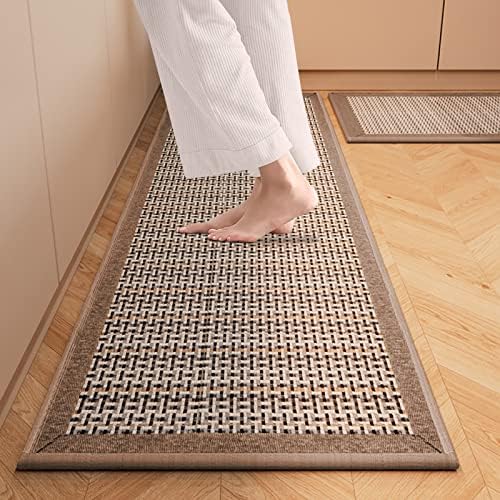 Luriseminger 2PC Kitchen Rugs Non-Skid Washable Farmhouse Standing Mat Absorbent Runner Rugs for Floor in Front of Sink,Hallway, Laundry Room，17.3"x 47"+17.3"x 29" (Brown)