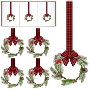 Lyrow 8 Pcs Mini Christmas Kitchen Cabinet Wreaths with Red Black Plaid Ribbon Artificial Green Leaves Red Berries Hanging Wreaths for Home Front Door Christmas Holiday Indoor Decor