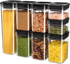 MR.SIGA 8 Piece Airtight Food Storage Container Set, BPA Free Kitchen Pantry Organization Canisters, One-Handed Airtight Plastic Containers with Lids for Cereal, Spaghetti, Pasta, Black