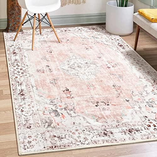 MUJOO Boho Area Rug 3'x5' Machine Washable, Pink Small Non Slip Area Rugs for Entryway Bedroom Bedside Kitchen Hallway Living Room Laundry Room Indoor Mat Soft Low-Pile Floral.