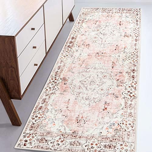 MUJOO Non Slip Boho Pink Runner Rug, Machine Washable for Hallways Entryway Kitchen Bathroom Bedside Retro Soft Low-Pile 2'x6' Blossom