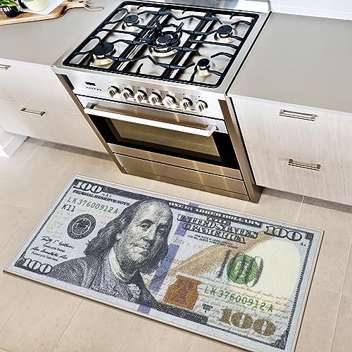 Machine Washable $100 Bill Design Non-Slip Rubberback 22x53 Modern Runner Rug for Hallway, Kitchen, Bedroom, 22" x 53", Multicolor