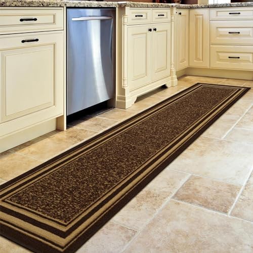 Machine Washable Bordered Design Non-Slip Rubberback 2x7 Traditional Runner Rug for Hallway, Kitchen, Bedroom, Living Room, 1'10" x 7', Brown