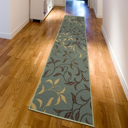 Machine Washable Leaves Design Non-Slip Rubberback 3x10 Traditional Runner Rug for Hallway, Kitchen, Bedroom, Living Room, 2'7" x 9'10", Seafoam Green