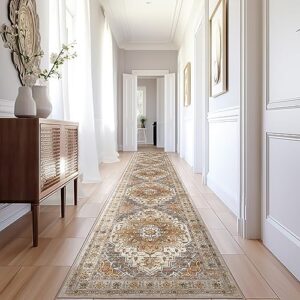 Madane Hallway Runner Rug 2x12, Extra Long Washable Runner Rugs with Rubber Backing, Non Slip Carpet Runner, Vintage Rug Runners for Kitchen Laundry Room Entryway (Turmeric/Grey, 2'x12')