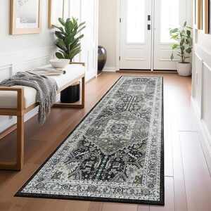 Madane Washable Runner Rug 2x7, Hallway Laundry Room Kitchen Entryway, Non Slip Rug Runners with Rubber Backing, Non Skid Stain-Resistant Non Shedding Durable Vintage Runners (2'x7', Grey Green)