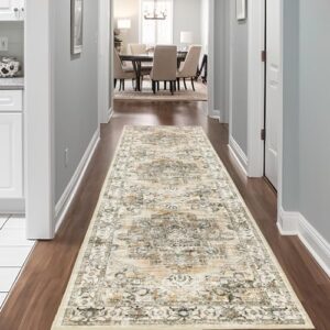 ManzunLiving Runner Rug 2x10, Farmhouse Hallway Runner Rug Non Slip,Kitchen Runner Rug,Washable Runner Rug for Entryway Indoor,Neutral Brown Vintage Bedroom Runner Rug