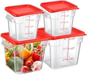 Maxcheck 4 Pcs Food Storage Container with Lids Set 4Qt 6Qt Square Clear Commercial Containers with Scale and Handle for Home Restaurant Kitchen Proof Dough Marinating Meat (Red Lid)