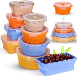 Maxcheck 8 Pcs 4 Size 4 Colors Collapsible Food Storage Containers Foldable Silicone Lunch Containers with Lids, 4 Pcs Rectangle and 4 Pcs Round Food Bowls, Microwave and Dishwasher Safe (Cute Color)