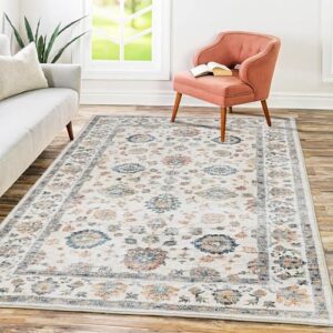 Mcadore 5x7 Washable Vintage Boho Area Rug - Non Slip, Foldable Carpet for Living Room, Bedroom, Kitchen - Beige/Multi - Print Design