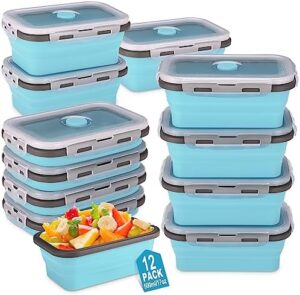 Mifoci 12 Pack Collapsible Bowls Bulk with Leak Proof Lids 17oz Rectangle Silicone Food Storage Containers Stack Food Container for Camping Kitchen, Microwave Dishwasher Freezer Safe (Grey Edge Blue)