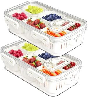 MineSign 2Pack Divided Food Serving Tray with Lids Stackable Fruit&Veggie Container with 12 Small Dividers Plastic Storage Bins for Fridge Pantry Freezer Clear Snack Box for Candy Nuts Spice