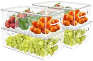 MineSign 4Set Clear Storage Bins with Lids Divided Refrigerator Organizer with Handles Fridge Container for Fruits and Vegetables Food Storage Boxes for Snack Cans Pantry Cabinet Organization