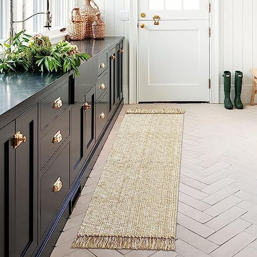 MitoVilla Boho Farmhouse Bathroom Runner Rug 2'x6', Tan Cream Cotton Woven Throw Rugs for Living Room, Washable Kitchen Rugs with Tassel, Area Rugs Floor Mat with Tassel for Entryway, Hallways