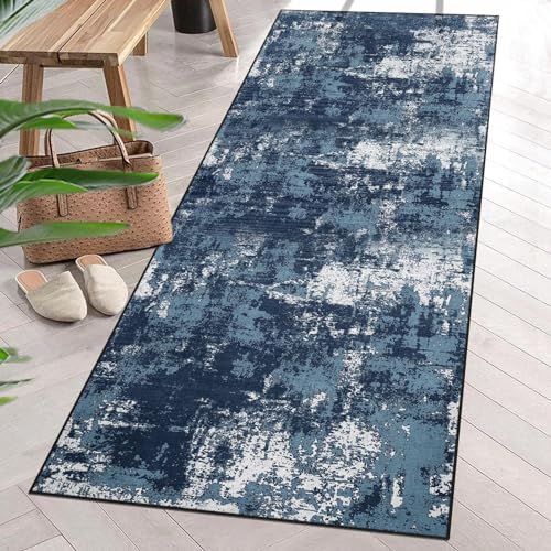 Modern Abstract Blue Runner Rug 2' x 6', Non Slip Machine Washable Area Rug Soft Flannel Indoor Outdoor Carpet for Hallway Entryway Bedroom Living Room Kitchen Decor