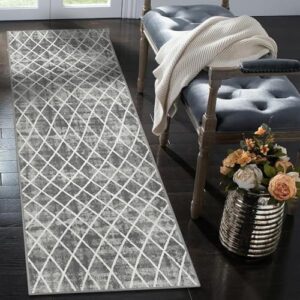 Modern Trellis Runner Rug - 2x6 Washable Runner Rug Laundry Room Carpet Runner with Rubber Backing, Abstract Distressed Design, Soft Indoor Carpet Runner for Kitchen Room Bedroom Living Room, Grey