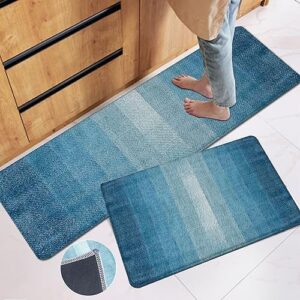 Moladika Teal Blue Kitchen Rugs Non Slip Set of 2 Turquoise Ombre Kitchen Mat with Rubber Backing Anti Fatigue Kitchen Floor Mats Cushioned Accessories Doormat for Home Living Room Laundry Bathroom