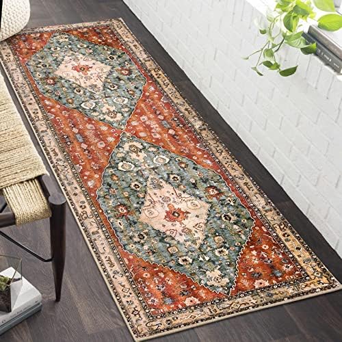 Morebes Bohemian Kitchen Runner Rug, Boho 2x6 Rug Runners for Hallways Washable Non Slip Bathroom Rug Runner,Oriental Distressed Carpet Runner for Entryway Bedroom Decor, Rust/Multi