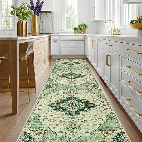 Morebes Bohemian Washable Carpet Runner Rugs for Hallway 2x8,Ultra-Thin Green Kitchen Runner Rug,Non Slip Boho Medallion Distressed Long Runner,Soft Entry Mat for Bedroom Bathroom