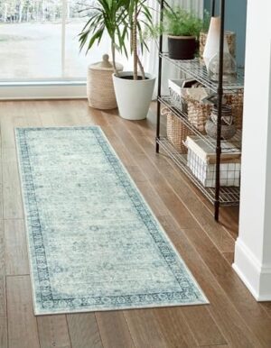 Morebes Vintage Bathroom Runner Rugs 24 x 72 Non Slip,2x6 Runner Rugs with Rubber Backing, Washable Hallway Runner Rug, Distressed Kitchen Mat Indoor Entrance Floor Carpet Runner, Blue