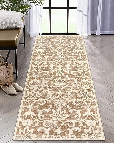 Morebes Vintage Kitchen Runner Rug Washable,Runner Rugs for Hallway 2x6,Non-Slip Bath Mat Distressed Floral Rug Indoor Floor Carpet Runner for Entryway Laundry Room Foyer,Pale Khaki